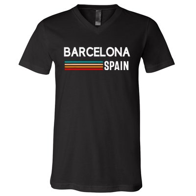 Barcelona Espana Spain Est. Souvenir Flag Map Vacation V-Neck T-Shirt