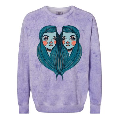 Big Eyes Sad Twin Drawing Retro Mod Blue Hair Kawaii Colorblast Crewneck Sweatshirt