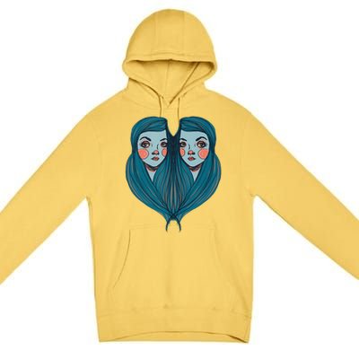 Big Eyes Sad Twin Drawing Retro Mod Blue Hair Kawaii Premium Pullover Hoodie