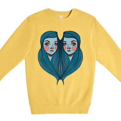 Big Eyes Sad Twin Drawing Retro Mod Blue Hair Kawaii Premium Crewneck Sweatshirt