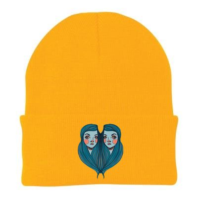 Big Eyes Sad Twin Drawing Retro Mod Blue Hair Kawaii Knit Cap Winter Beanie