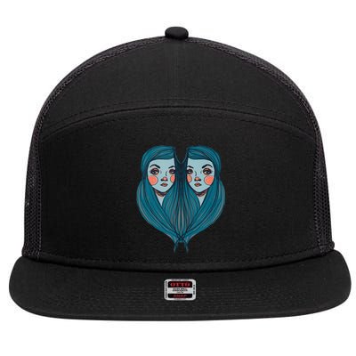 Big Eyes Sad Twin Drawing Retro Mod Blue Hair Kawaii 7 Panel Mesh Trucker Snapback Hat