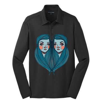 Big Eyes Sad Twin Drawing Retro Mod Blue Hair Kawaii Silk Touch Performance Long Sleeve Polo