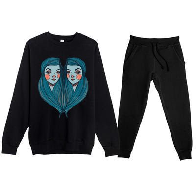 Big Eyes Sad Twin Drawing Retro Mod Blue Hair Kawaii Premium Crewneck Sweatsuit Set