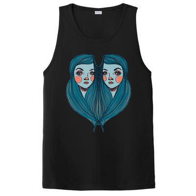 Big Eyes Sad Twin Drawing Retro Mod Blue Hair Kawaii PosiCharge Competitor Tank