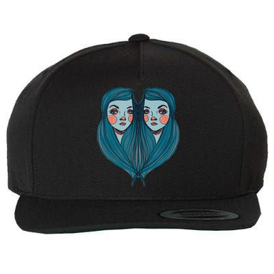 Big Eyes Sad Twin Drawing Retro Mod Blue Hair Kawaii Wool Snapback Cap