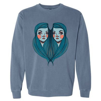 Big Eyes Sad Twin Drawing Retro Mod Blue Hair Kawaii Garment-Dyed Sweatshirt