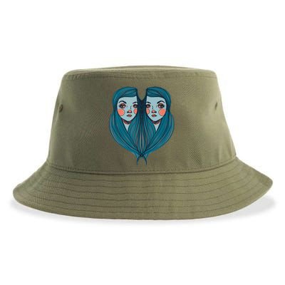 Big Eyes Sad Twin Drawing Retro Mod Blue Hair Kawaii Sustainable Bucket Hat