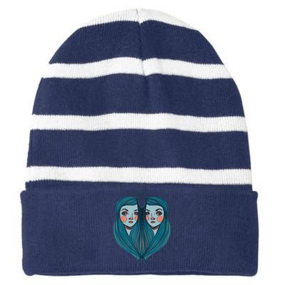 Big Eyes Sad Twin Drawing Retro Mod Blue Hair Kawaii Striped Beanie with Solid Band