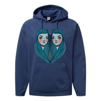 Big Eyes Sad Twin Drawing Retro Mod Blue Hair Kawaii Performance Fleece Hoodie