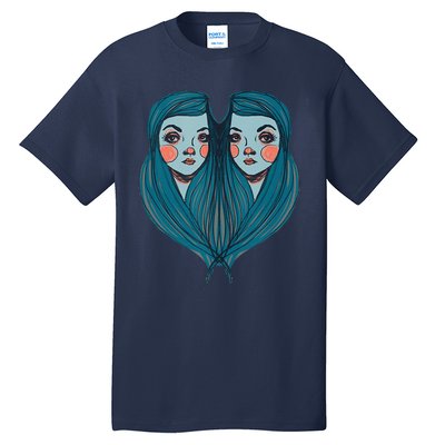 Big Eyes Sad Twin Drawing Retro Mod Blue Hair Kawaii Tall T-Shirt