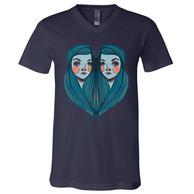 Big Eyes Sad Twin Drawing Retro Mod Blue Hair Kawaii V-Neck T-Shirt