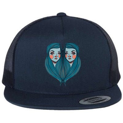 Big Eyes Sad Twin Drawing Retro Mod Blue Hair Kawaii Flat Bill Trucker Hat