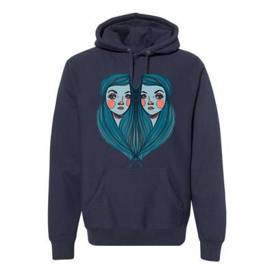 Big Eyes Sad Twin Drawing Retro Mod Blue Hair Kawaii Premium Hoodie