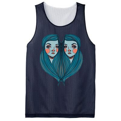 Big Eyes Sad Twin Drawing Retro Mod Blue Hair Kawaii Mesh Reversible Basketball Jersey Tank