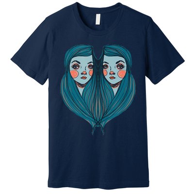 Big Eyes Sad Twin Drawing Retro Mod Blue Hair Kawaii Premium T-Shirt