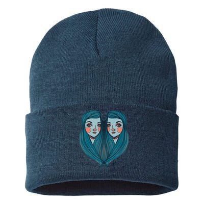 Big Eyes Sad Twin Drawing Retro Mod Blue Hair Kawaii Sustainable Knit Beanie