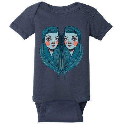 Big Eyes Sad Twin Drawing Retro Mod Blue Hair Kawaii Baby Bodysuit