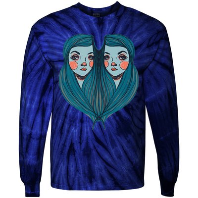 Big Eyes Sad Twin Drawing Retro Mod Blue Hair Kawaii Tie-Dye Long Sleeve Shirt