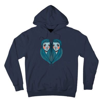 Big Eyes Sad Twin Drawing Retro Mod Blue Hair Kawaii Tall Hoodie