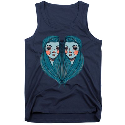 Big Eyes Sad Twin Drawing Retro Mod Blue Hair Kawaii Tank Top