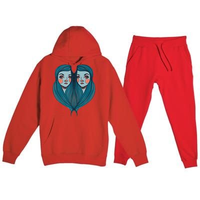 Big Eyes Sad Twin Drawing Retro Mod Blue Hair Kawaii Premium Hooded Sweatsuit Set