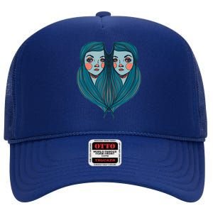 Big Eyes Sad Twin Drawing Retro Mod Blue Hair Kawaii High Crown Mesh Back Trucker Hat