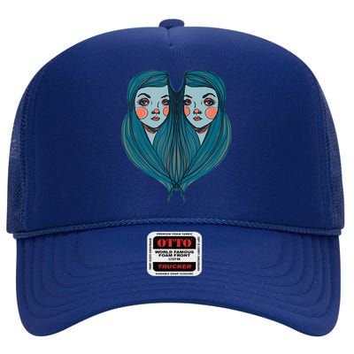 Big Eyes Sad Twin Drawing Retro Mod Blue Hair Kawaii High Crown Mesh Back Trucker Hat