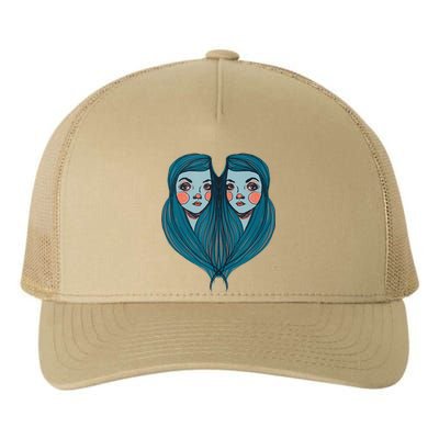 Big Eyes Sad Twin Drawing Retro Mod Blue Hair Kawaii Yupoong Adult 5-Panel Trucker Hat