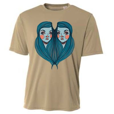 Big Eyes Sad Twin Drawing Retro Mod Blue Hair Kawaii Cooling Performance Crew T-Shirt