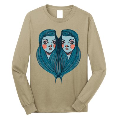 Big Eyes Sad Twin Drawing Retro Mod Blue Hair Kawaii Long Sleeve Shirt