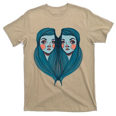 Big Eyes Sad Twin Drawing Retro Mod Blue Hair Kawaii T-Shirt