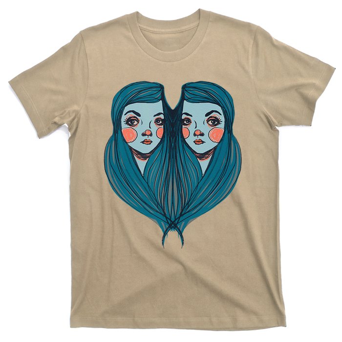 Big Eyes Sad Twin Drawing Retro Mod Blue Hair Kawaii T-Shirt