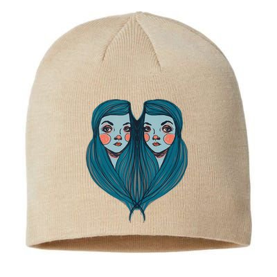 Big Eyes Sad Twin Drawing Retro Mod Blue Hair Kawaii Sustainable Beanie