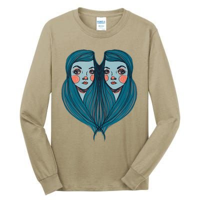 Big Eyes Sad Twin Drawing Retro Mod Blue Hair Kawaii Tall Long Sleeve T-Shirt