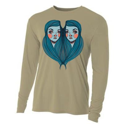 Big Eyes Sad Twin Drawing Retro Mod Blue Hair Kawaii Cooling Performance Long Sleeve Crew