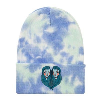 Big Eyes Sad Twin Drawing Retro Mod Blue Hair Kawaii Tie Dye 12in Knit Beanie