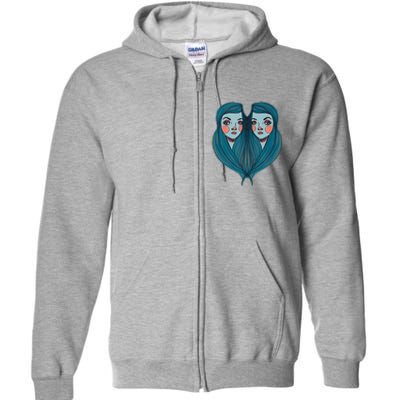 Big Eyes Sad Twin Drawing Retro Mod Blue Hair Kawaii Full Zip Hoodie