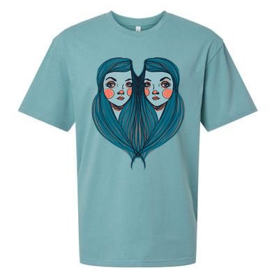 Big Eyes Sad Twin Drawing Retro Mod Blue Hair Kawaii Sueded Cloud Jersey T-Shirt