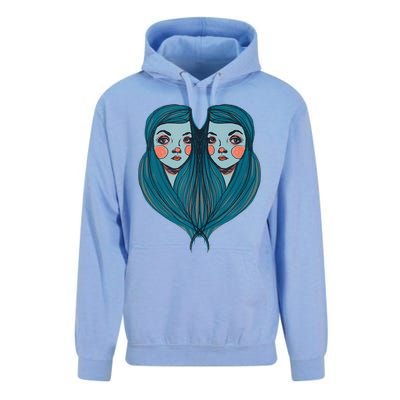 Big Eyes Sad Twin Drawing Retro Mod Blue Hair Kawaii Unisex Surf Hoodie