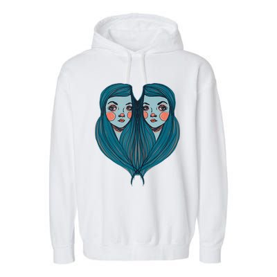 Big Eyes Sad Twin Drawing Retro Mod Blue Hair Kawaii Garment-Dyed Fleece Hoodie