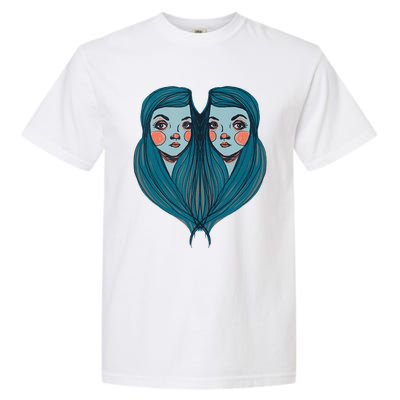 Big Eyes Sad Twin Drawing Retro Mod Blue Hair Kawaii Garment-Dyed Heavyweight T-Shirt