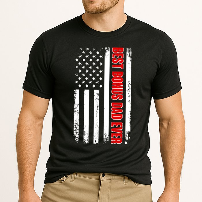Best Bonus Dad Ever Distressed US Flag Cooling Performance Crew T-Shirt
