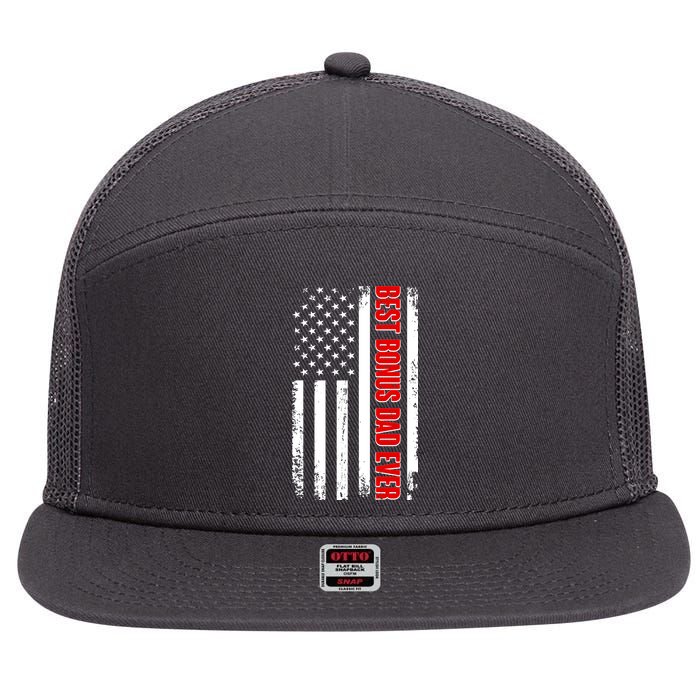 Best Bonus Dad Ever Distressed US Flag 7 Panel Mesh Trucker Snapback Hat