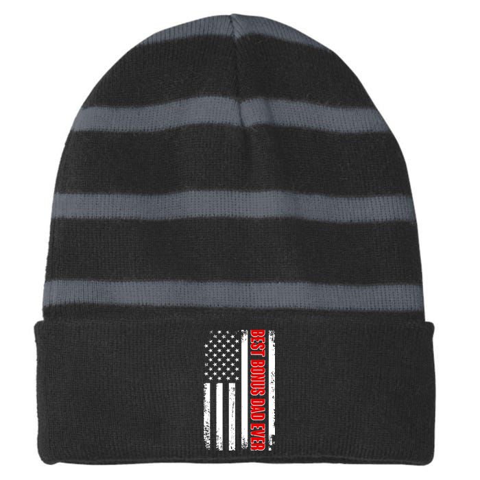 Best Bonus Dad Ever Distressed US Flag Striped Beanie with Solid Band