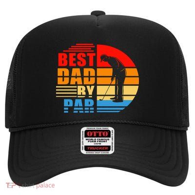 Best Dad By Par Retro Golf Sunset High Crown Mesh Back Trucker Hat
