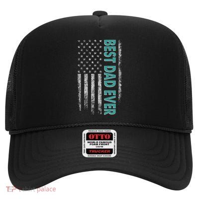 Best Dad Ever Distressed USA American Flag High Crown Mesh Back Trucker Hat