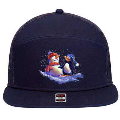Best Friends Snowman and Penguin 7 Panel Mesh Trucker Snapback Hat
