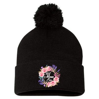 Best Mom Ever Flower Wreath Pom Pom 12in Knit Beanie