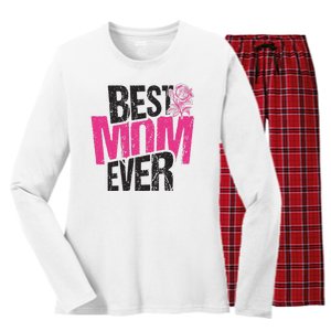 Best Mom Ever Rose Distressed Women's Long Sleeve Flannel Pajama Set 